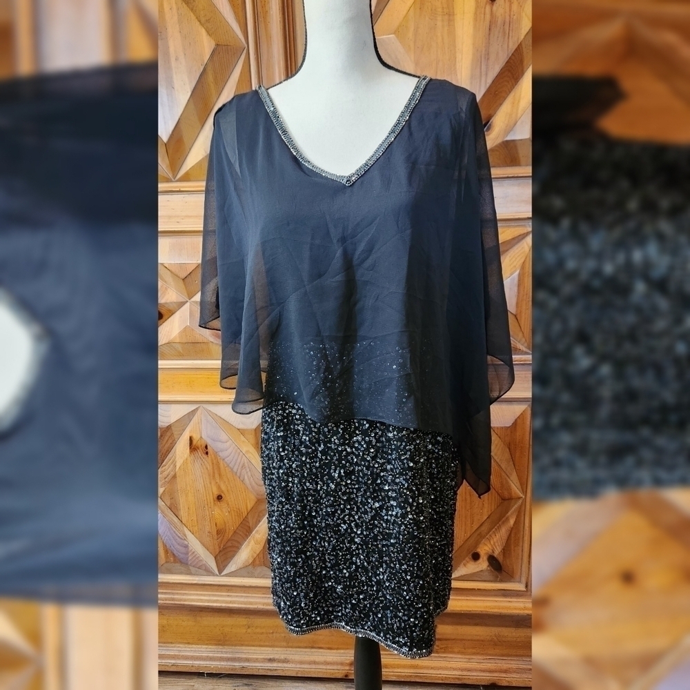 JKARA Navy Asymmetrical Chiffon Overlay Sequin Dress Sz 10